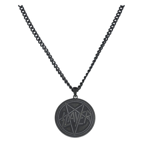 Schwarze Halskette aus Chirurgenstahl mit Slayer Pentagramm-Anhänger auf weißem Hintergrund