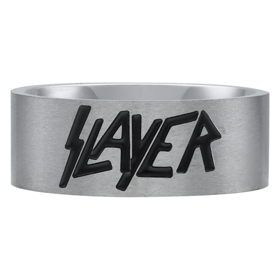 Silberner Slayer Logo Ring aus Stahl Silberner Ring mit schwarzem Slayer Logo auf weißem Hintergrund
