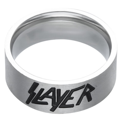 Silberner Ring mit Slayer Logo auf weißem Hintergrund