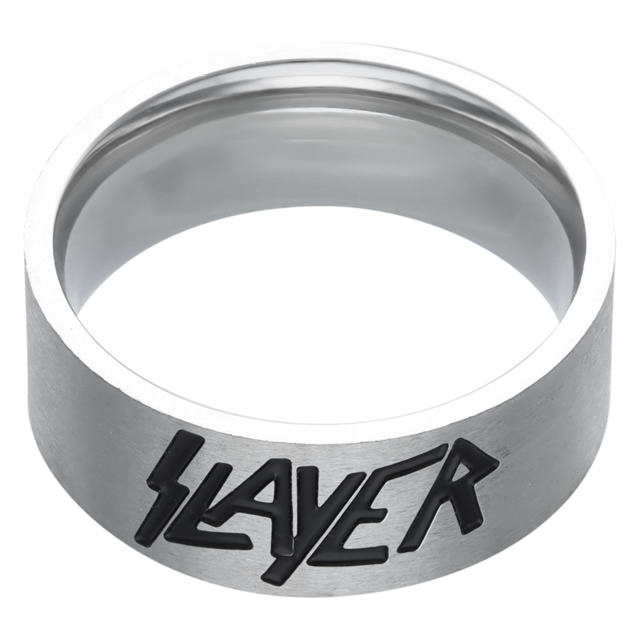 Silberner Slayer Logo Ring aus Chirurgenstahl Silberner Ring mit Slayer Logo auf weißem Hintergrund