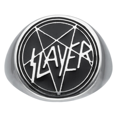 Silberner Siegelring mit Slayer-Logo auf schwarzem Hintergrund