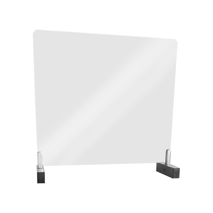 Transparente Spukschutz Schutzwand mit Halterung Klare Schutzwand mit stabilen schwarzen Halterungen auf weißem Hintergrund