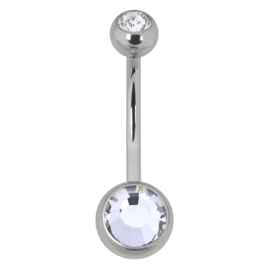 Silbernes Bauchnabelpiercing mit Kristallen Silbernes Bauchnabelpiercing mit zwei klaren Kristallen auf weißem Hintergrund
