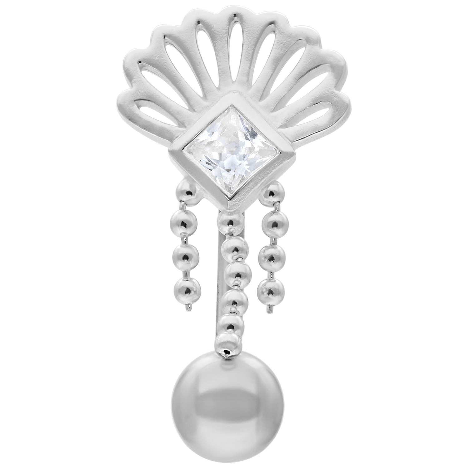 Crystal Peacock Micro Bananabell in Silber Silbernes Micro Bananabell mit Kristall und Pfauenmuster auf weißem Hintergrund