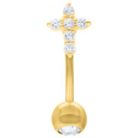 Goldenes Crystal Cross Micro Bananabell, 1,6 mm, 12 mm Goldenes Bananabell mit Kreuz aus klaren Kristallen auf weißem Hintergrund