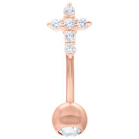 Roségold Crystal Cross Micro Bananabell Roségoldenes Bananabell mit Kreuz aus klaren Kristallen auf weißem Hintergrund