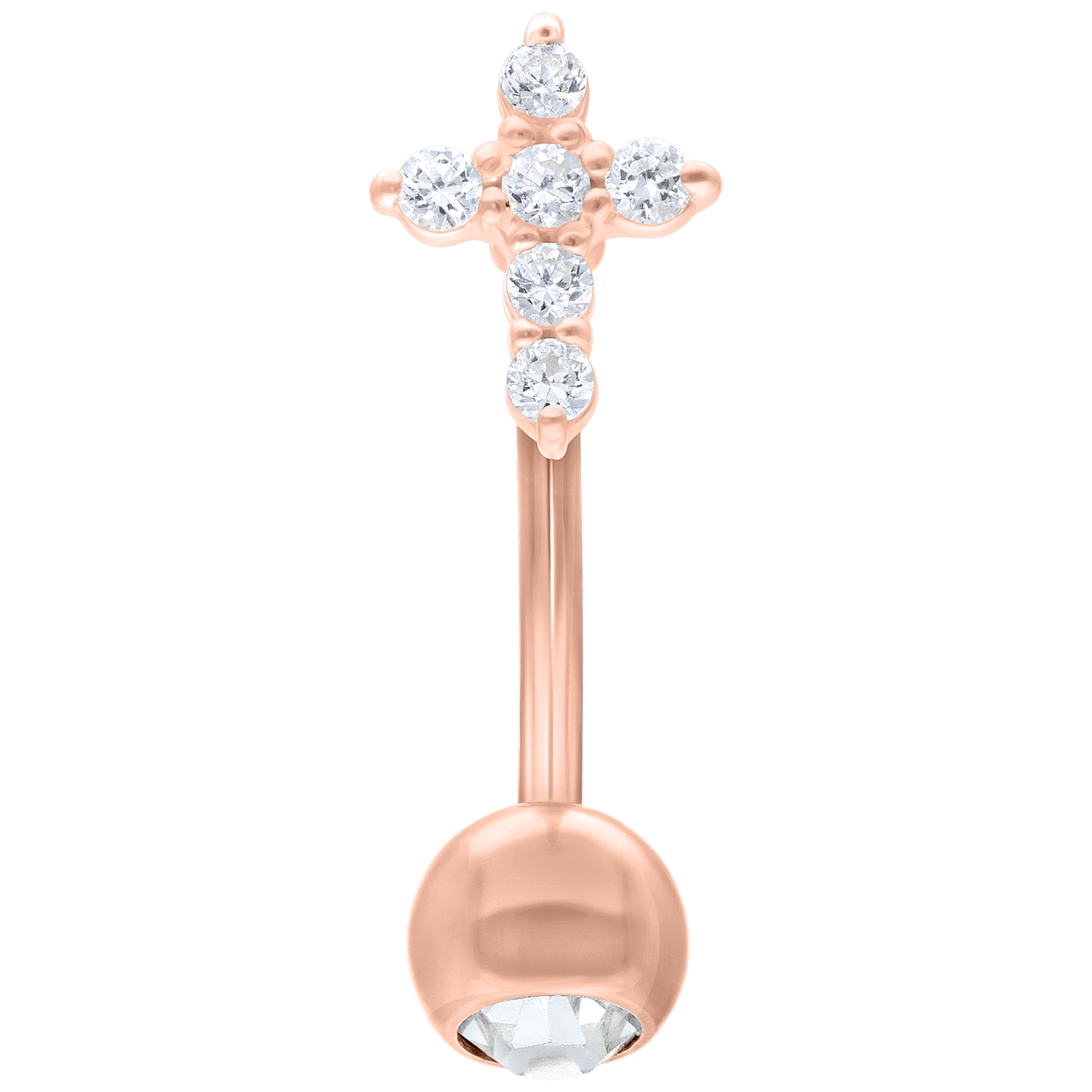 Roségold Crystal Cross Micro Bananabell Roségoldenes Bananabell mit Kreuz aus klaren Kristallen auf weißem Hintergrund