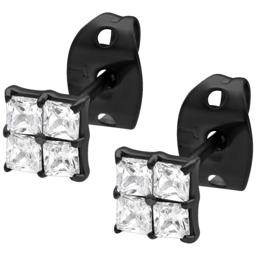 Quadratische Ohrstecker aus schwarzem Metall mit klaren Kristallen