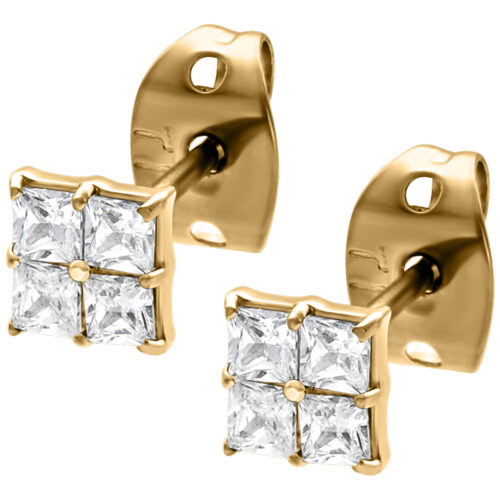 Quadratische goldene Ohrstecker mit klaren Kristallen auf weißem Hintergrund