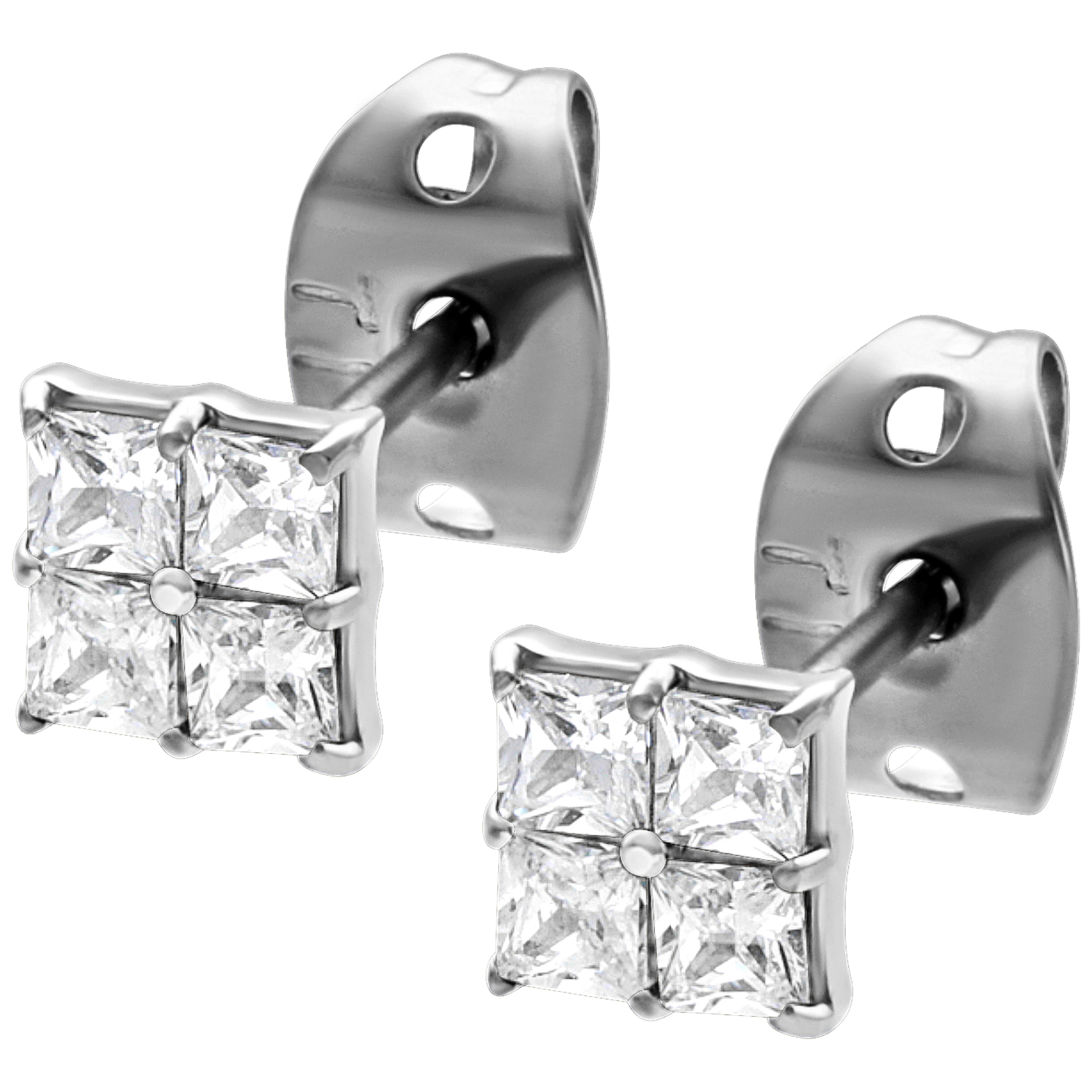 Quadratische Kristall-Ohrstecker in Silber Silberne Ohrstecker mit quadratischen Kristallen auf weißem Hintergrund