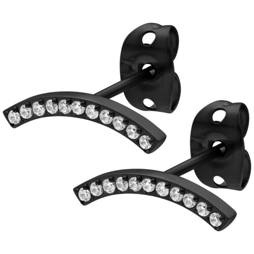 Schwarze Ohrstecker mit funkelnden Kristallen auf weißem Hintergrund