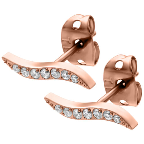 Roségoldene Ohrstecker mit funkelnden Kristallen auf weißem Hintergrund
