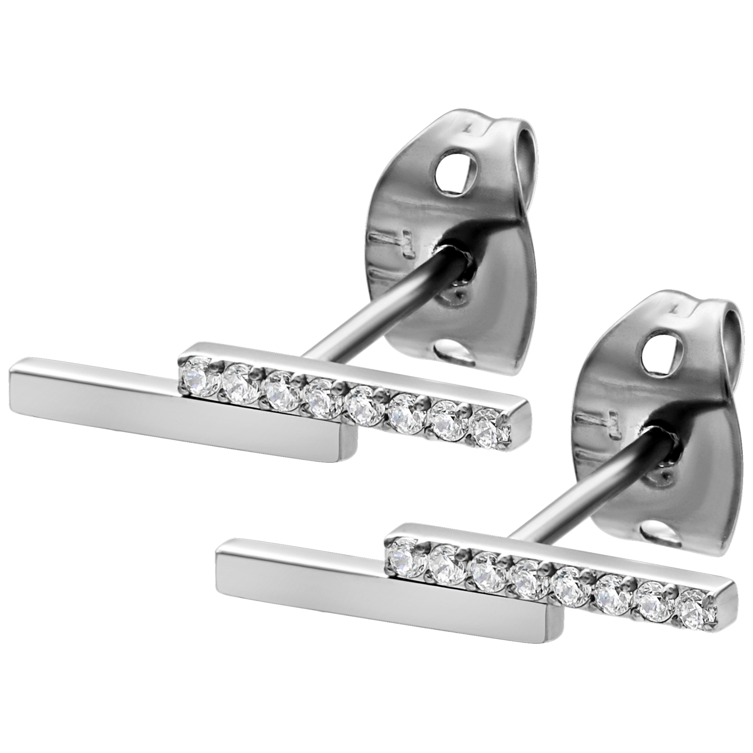 Silberne Ohrstecker mit Kristallbalken Silberne Ohrstecker mit horizontalem Kristallbalken auf weißem Hintergrund