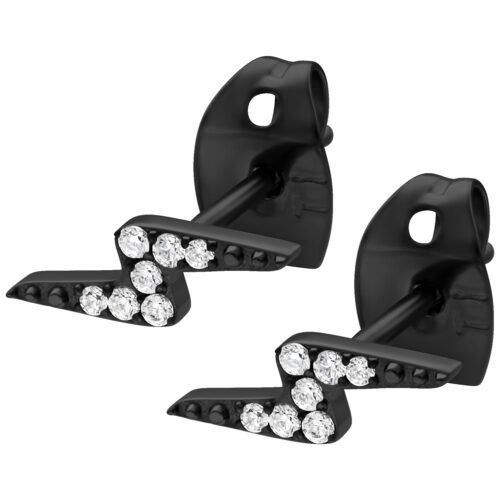 Schwarze Ohrstecker in Blitzform mit klaren Kristallen auf weißem Hintergrund