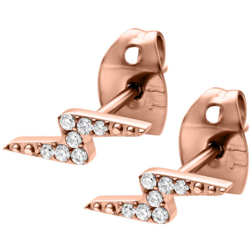 Paar roségoldene Ohrstecker in Blitzform mit klaren Kristallen auf weißem Hintergrund