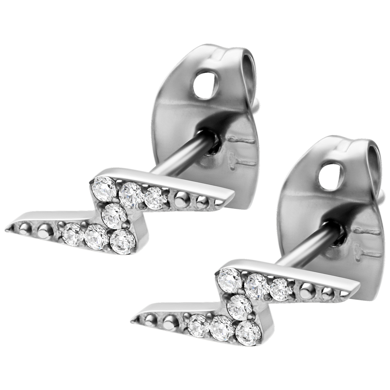 Kristall Ohrstecker in Blitzdesign, Edelstahl Silberne Blitz-Ohrstecker aus Edelstahl mit klaren Kristallen auf weißem Hintergrund