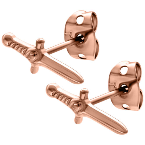 Roségoldene Schwert Ohrstecker auf weißem Hintergrund, Hochglanzpoliert