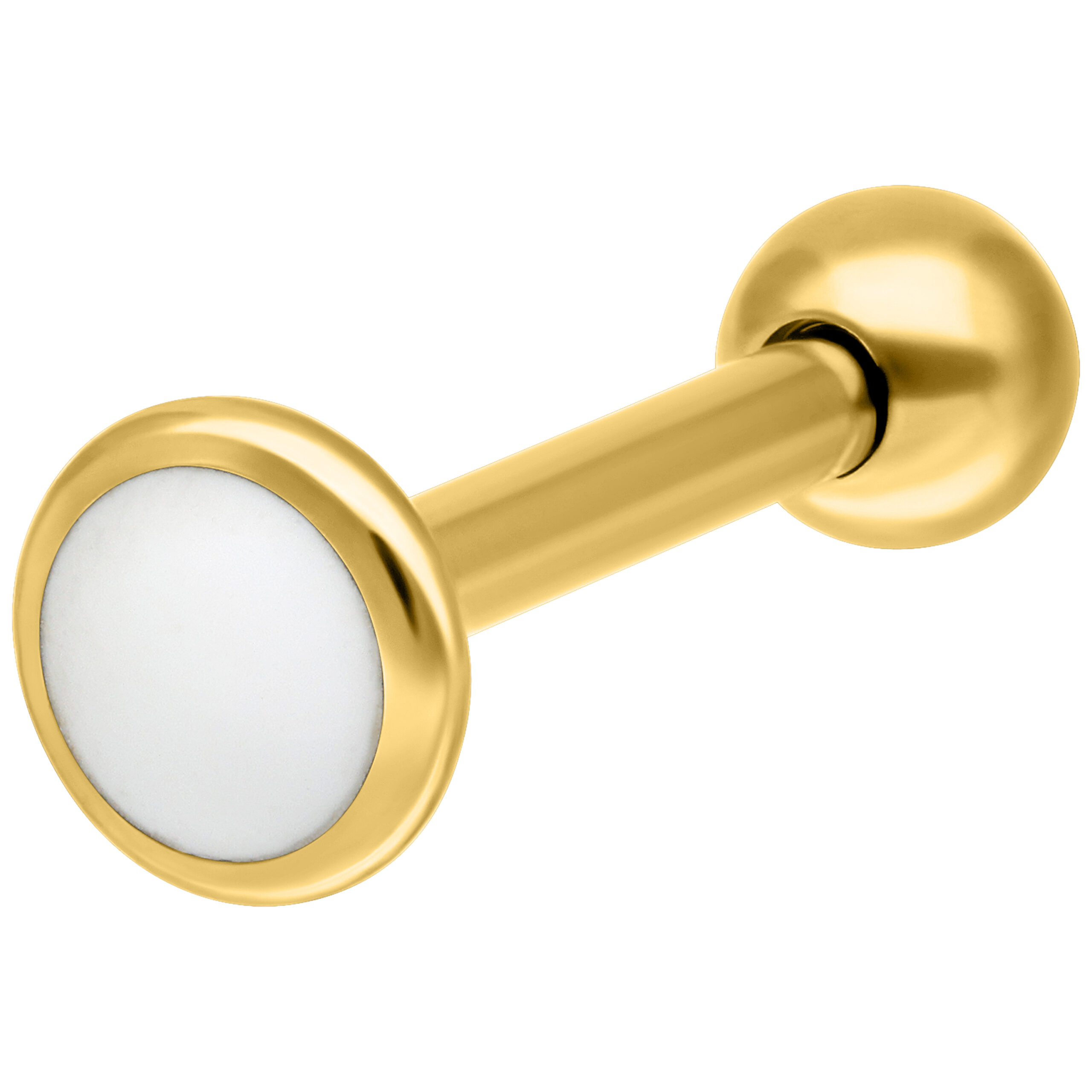 Goldenes Titan Labret mit weißer Platte Goldenes Labret aus Titan mit weißer Platte auf weißem Hintergrund
