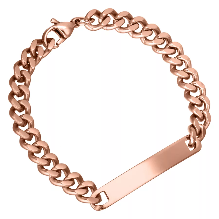 Roségoldenes Armband mit Gliederkette und Gravurplatte auf weißem Hintergrund