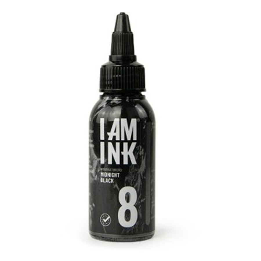 I AM INK Tattoo Tinte Midnight Black 50ml Schwarze I AM INK Flasche mit 50ml Midnight Black Tinte auf weißem Hintergrund