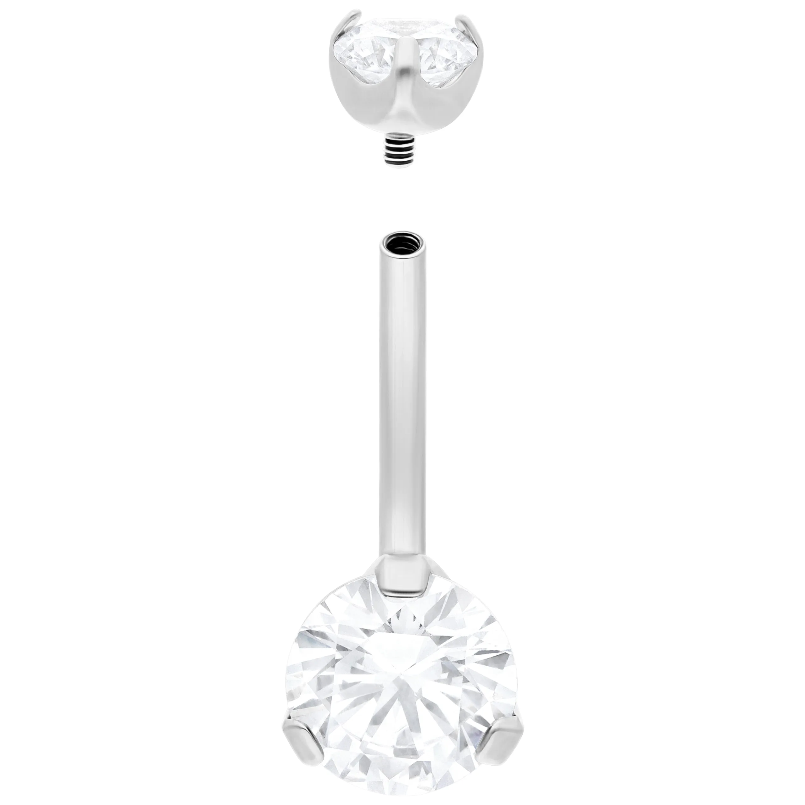 Silberfarbener Double Crystal Bananabell 10mm Silberfarbener Bananabell mit zwei klaren Kristallen auf weißem Hintergrund