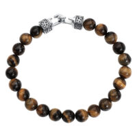 Wildcat Armband aus Tigerauge und Stahl Unisex Armband aus braunem Tigerauge mit Edelstahlverschluss auf weißem Hintergrund