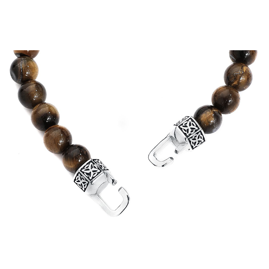 Edles Armband aus Chirurgenstahl und Stein Armband mit braunen Steinen und silbernem Verschluss auf weißem Hintergrund
