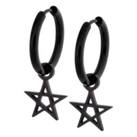 Schwarze Pentagramm-Ohrringe aus Edelstahl Zwei schwarze Edelstahl-Ohrringe mit Pentagramm-Anhänger auf weißem Hintergrund