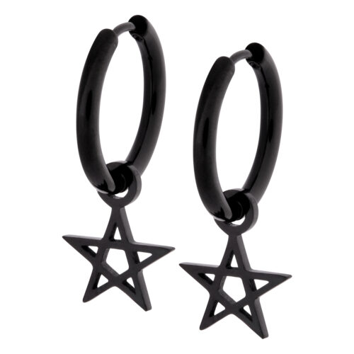 Zwei schwarze Edelstahl-Ohrringe mit Pentagramm-Anhänger auf weißem Hintergrund