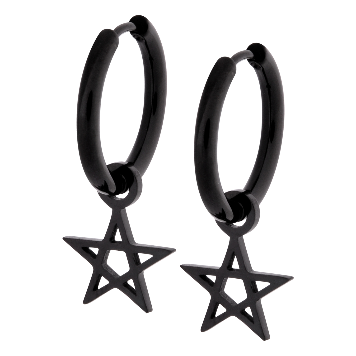 Schwarze Pentagramm-Ohrringe aus Edelstahl Zwei schwarze Edelstahl-Ohrringe mit Pentagramm-Anhänger auf weißem Hintergrund