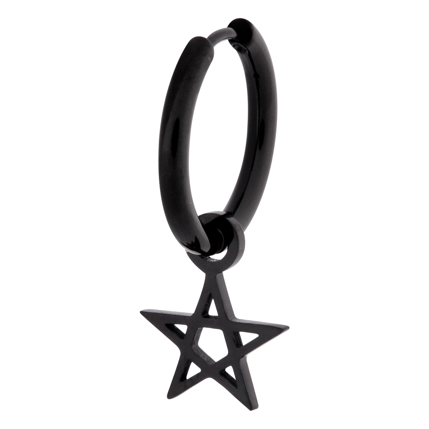 Schwarze Pentagramm-Ohrringe aus Edelstahl Schwarzer Ohrring mit Pentagramm-Anhänger auf weißem Hintergrund