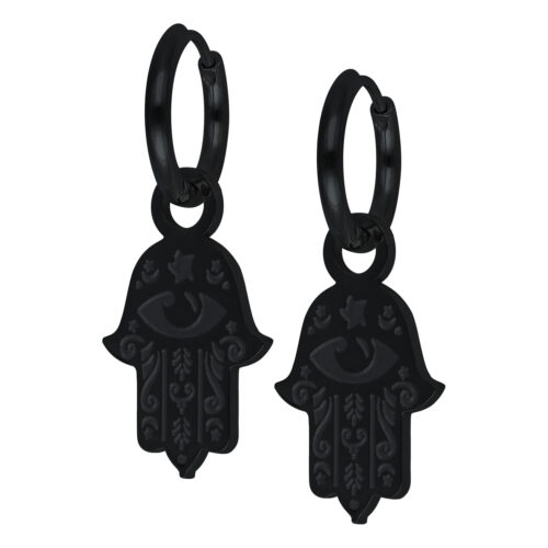 Schwarze Hamsa Hand Ohrringe aus Chirurgenstahl auf weißem Hintergrund