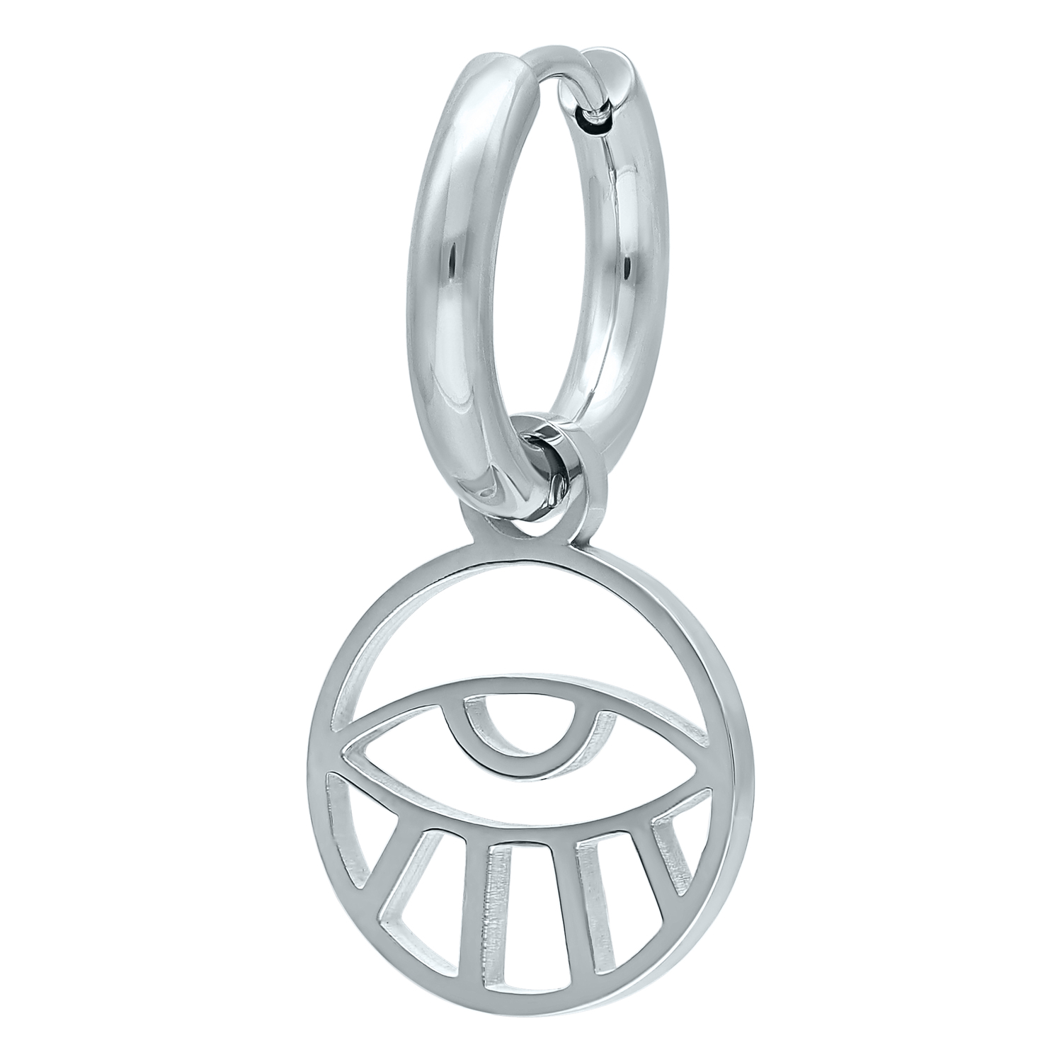 Silberne Ohrringe mit Auge-Motiv auf weißem Hintergrund