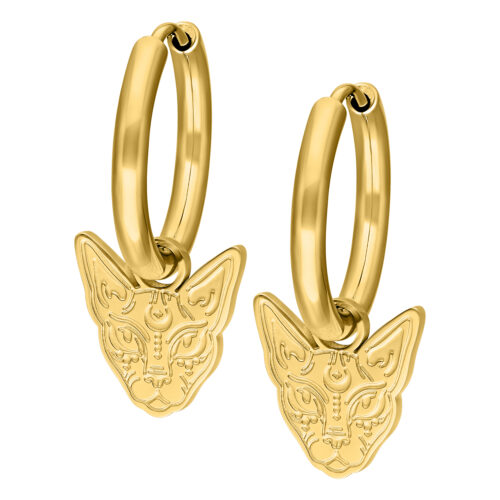 Goldene Little Sphynx Ohrringe mit Katzenkopf-Design auf weißem Hintergrund