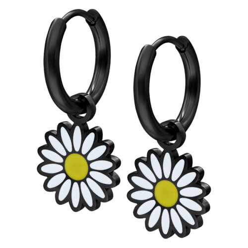Schwarze Daisy Hoops Ohrringe aus Chirurgenstahl mit Gänseblümchen-Anhänger auf weißem Hintergrund