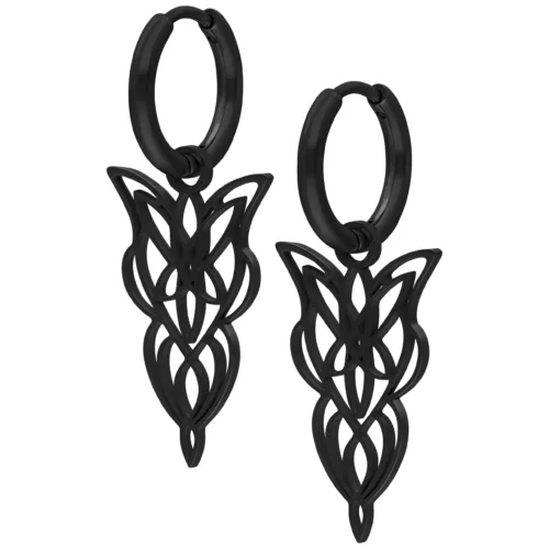 Schwarze Ohrringe aus Chirurgenstahl mit filigranem Design auf weißem Hintergrund
