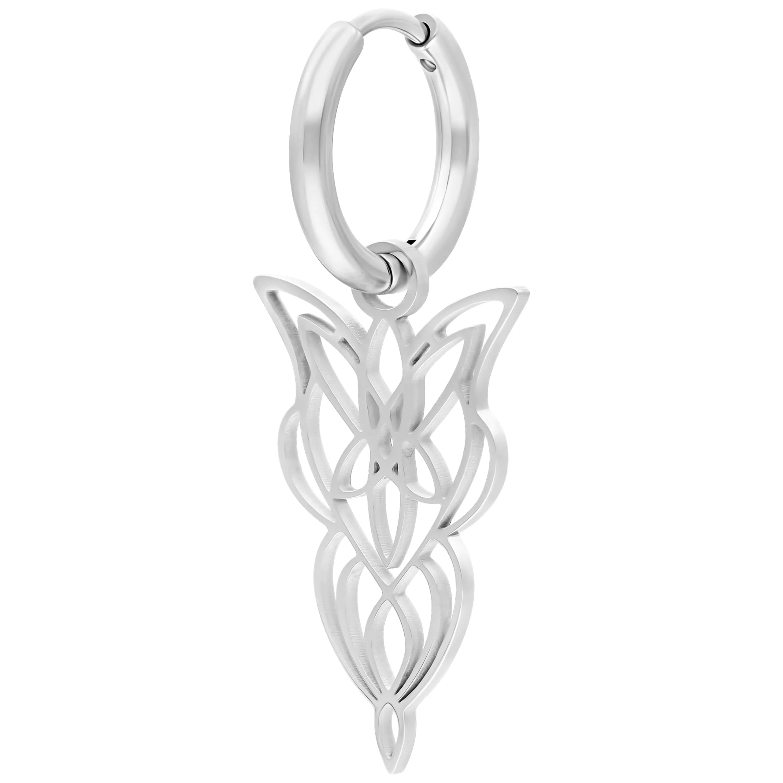 Elegante Little Elves Hoops in Silber Silberne Little Elves Ohrringe mit filigranem Design auf weißem Hintergrund