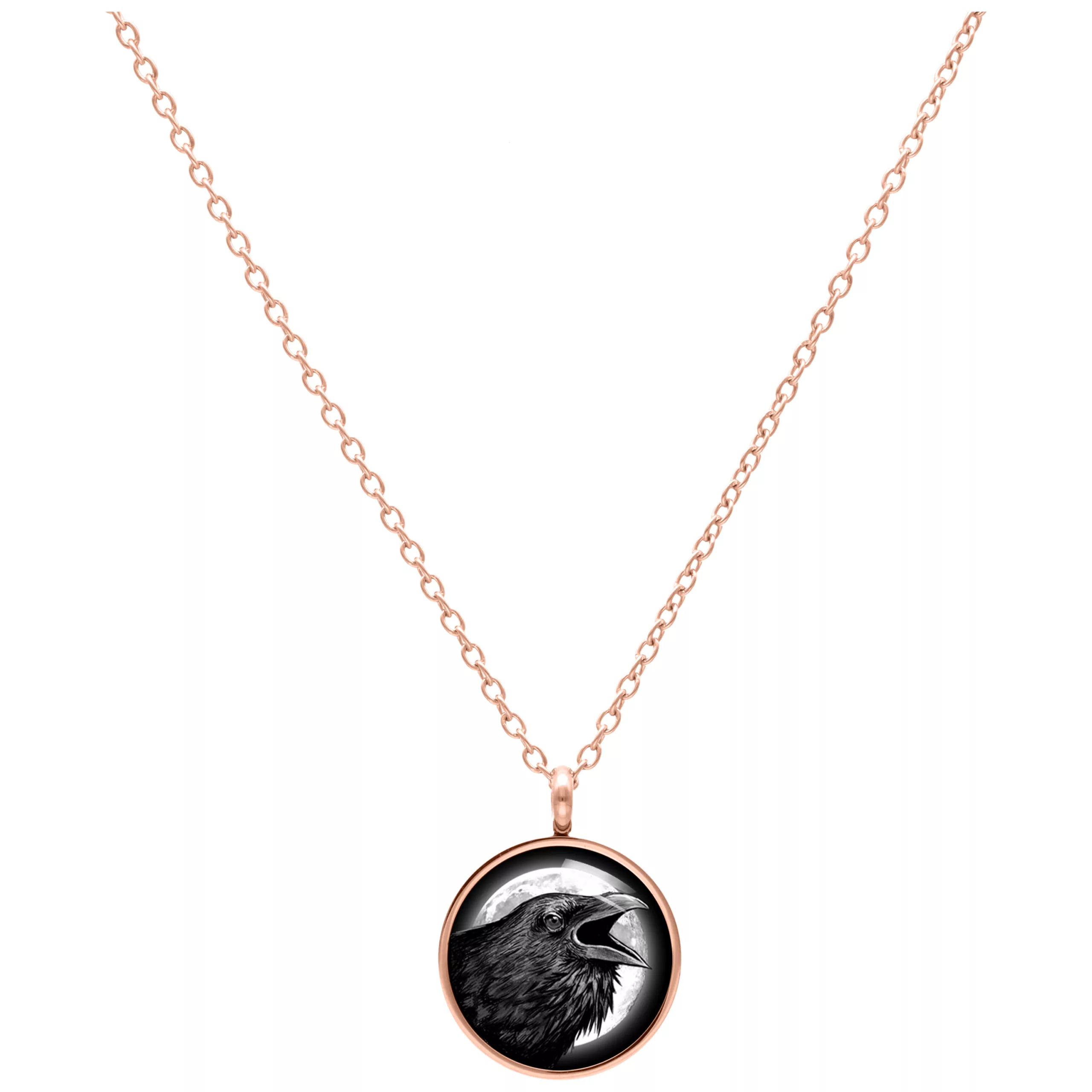 Roségoldene Kette mit Anhänger eines Rabens auf weißem Hintergrund