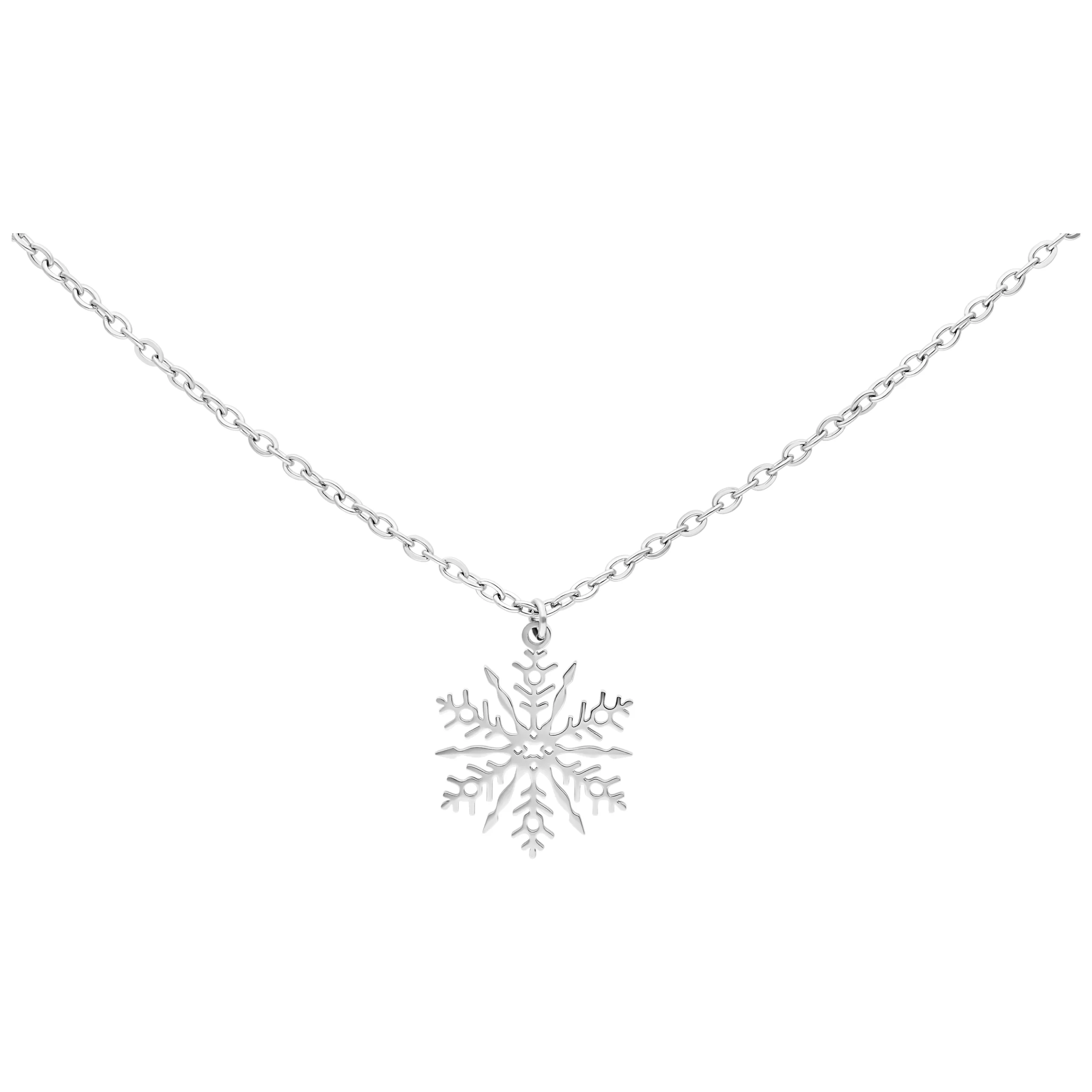 Schneeflocken Kette aus Silber Silberfarbene Schneeflocken Kette auf weißem Hintergrund