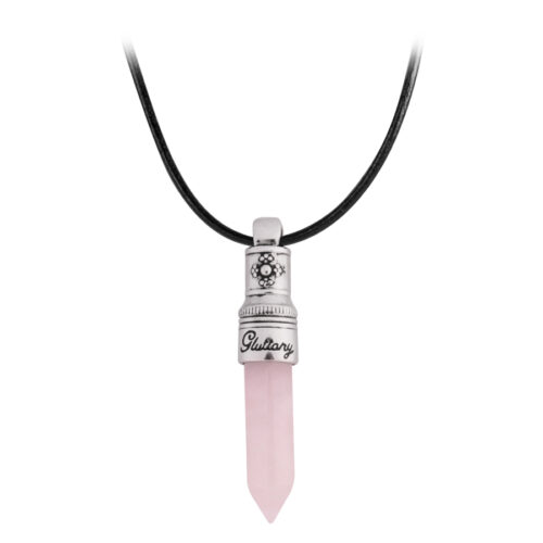 Rosa Gluttony Kette mit silbernem Anhänger und schwarzem Lederband