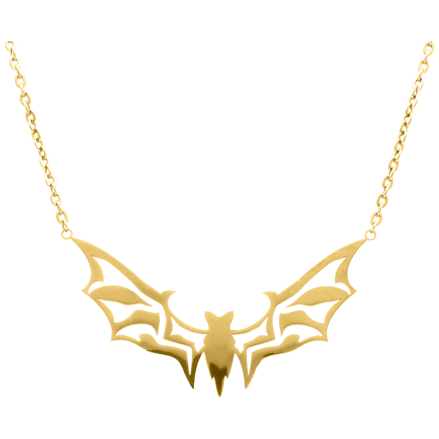 Goldene Kette mit Fledermaus-Anhänger auf weißem Hintergrund