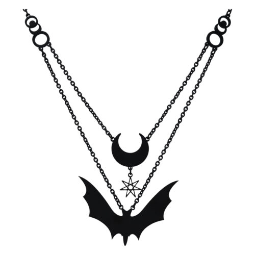 Schwarze Kette mit Halbmond- und Fledermaus-Anhänger auf weißem Hintergrund