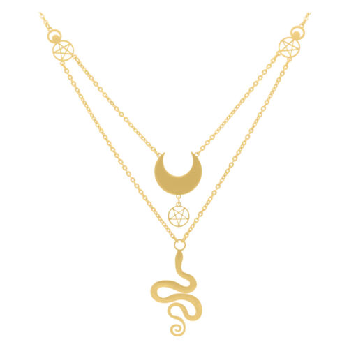 Zweireihige goldene Kette mit Halbmond und Schlangenanhänger auf weißem Hintergrund