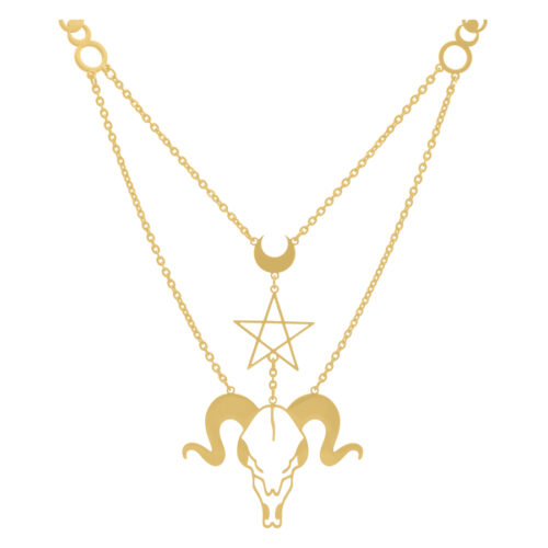 Goldene Dark Aries Kette mit Widderkopf und Sternanhänger auf weißem Hintergrund