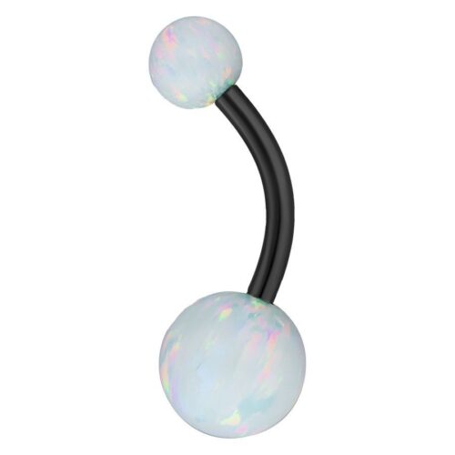 Schwarzes Bauchnabelpiercing aus Titan mit zwei synthetischen Opal-Kugeln auf weißem Hintergrund