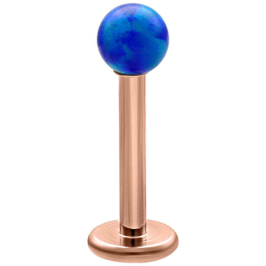 Dunkelblauer Opal Kugel Labret auf roségoldenem Titanstab, Studiohintergrund