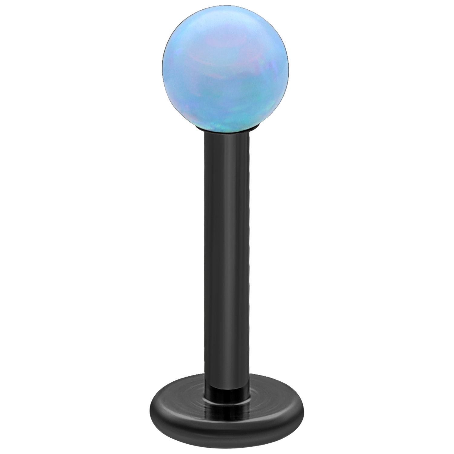 Schwarzes Titan-Labret mit hellblauer Opalkugel auf weißem Hintergrund