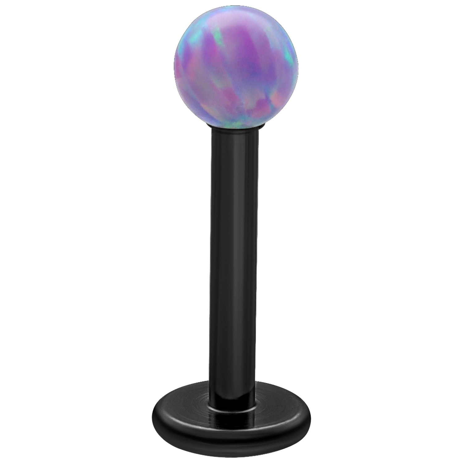Schwarzes Titan Labret mit Light Periwinkel Opal Kugel auf weißem Hintergrund