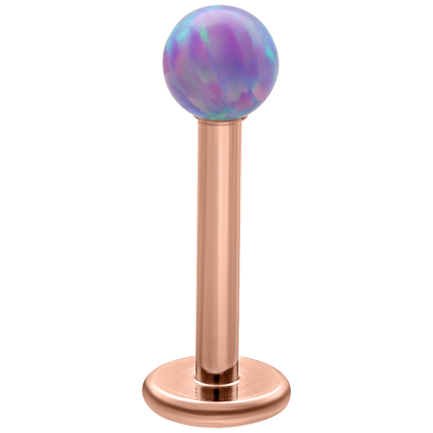 Roségoldenes Labret mit lichtblauer Opalkugel auf weißem Hintergrund