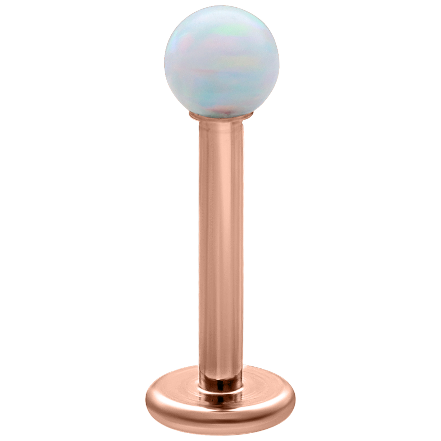 Labret mit weißem synthetischen Opal und roségoldenem Titanstab auf weißem Hintergrund